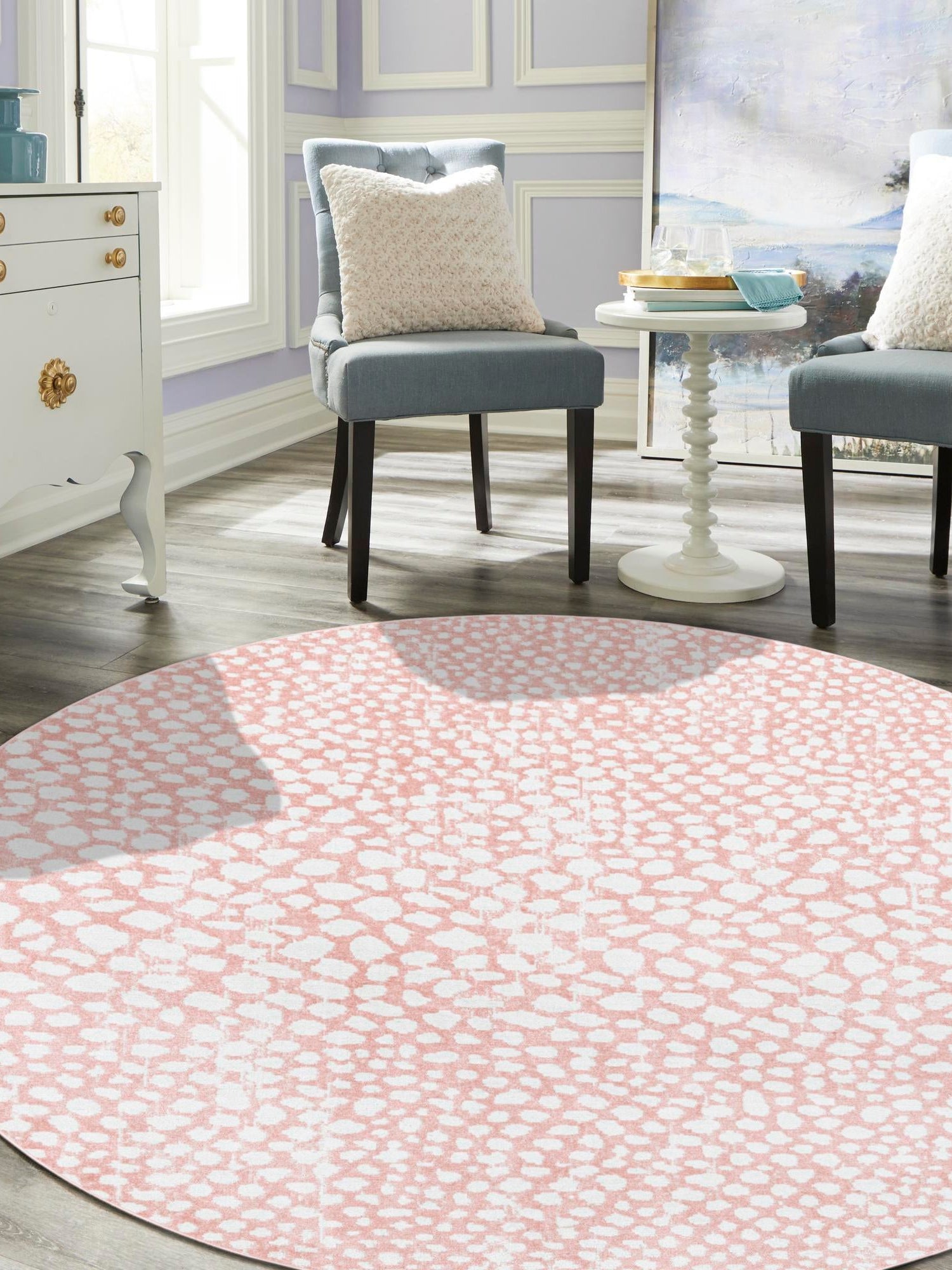 Washable Rose Pink 3' 3 x 3' 3 Kamala Washable Round Area Rug Easy to Clean Stain Resistant & Durable 100% Polyester Spill-Friendly Carpet for Sale at Rug Engine