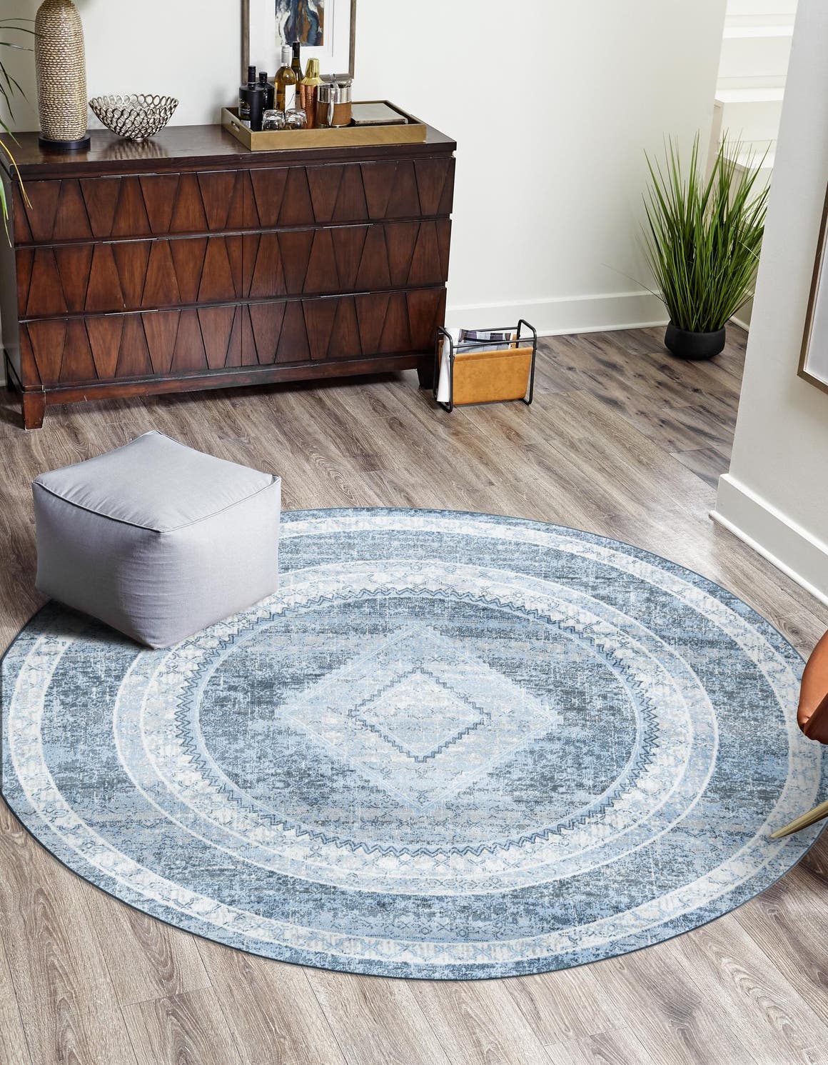 Washable Navy Blue 7' 10 x 7' 10 Kamala Washable Round Area Rug Easy to Clean Stain Resistant & Durable 100% Polyester Spill-Friendly Carpet for Sale at Rug Engine