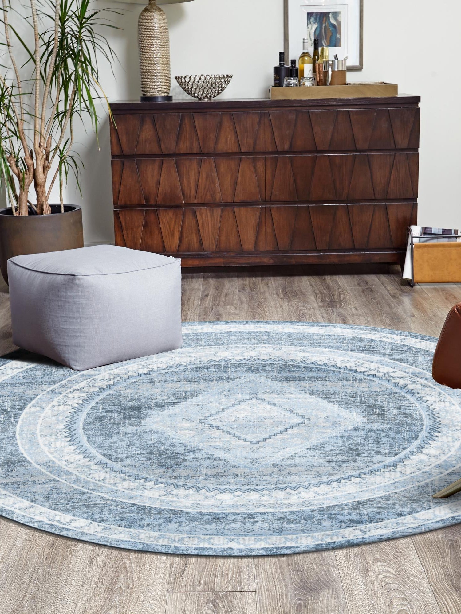 Washable Navy Blue 3' 3 x 3' 3 Kamala Washable Round Area Rug Easy to Clean Stain Resistant & Durable 100% Polyester Spill-Friendly Carpet for Sale at Rug Engine