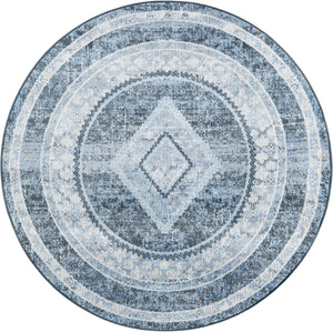 Washable Navy Blue 5' 3 x 5' 3 Kamala Washable Round Area Rug Easy to Clean Stain Resistant & Durable 100% Polyester Spill-Friendly Carpet for Sale at Rug Engine