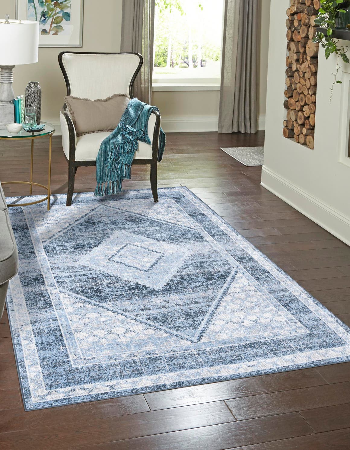 Washable Navy Blue 2' x 3' 1 Kamala Washable Rectangle Area Rug Easy to Clean Stain Resistant & Durable 100% Polyester Spill-Friendly Carpet for Sale at Rug Engine