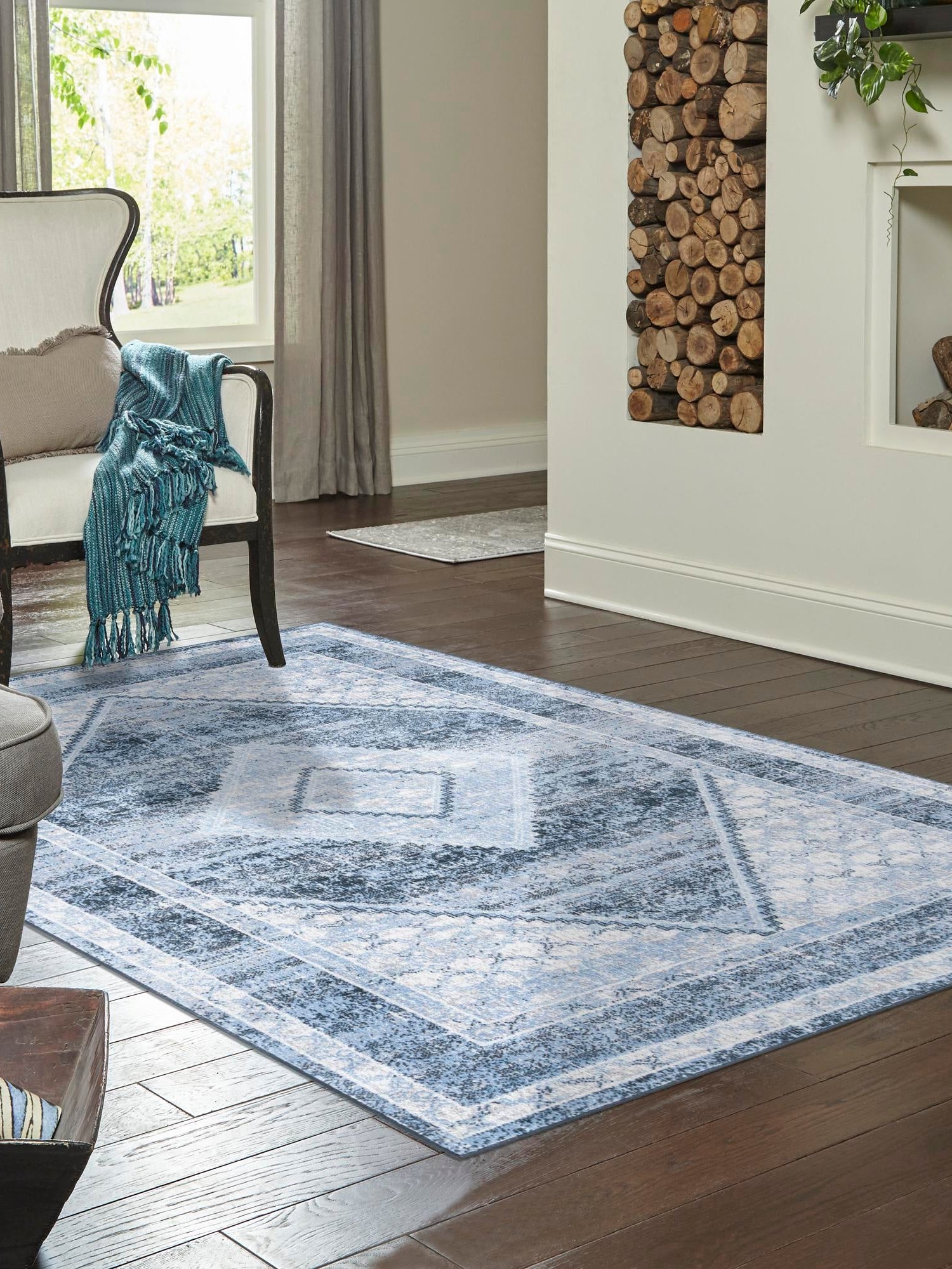 Washable Navy Blue 10' x 14' 1 Kamala Washable Rectangle Area Rug Easy to Clean Stain Resistant & Durable 100% Polyester Spill-Friendly Carpet for Sale at Rug Engine