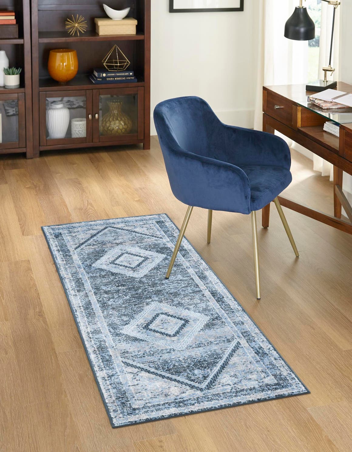 Washable Navy Blue 2' 7 x 12' Kamala Washable Runner Area Rug Easy to Clean Stain Resistant & Durable 100% Polyester Spill-Friendly Carpet for Sale at Rug Engine