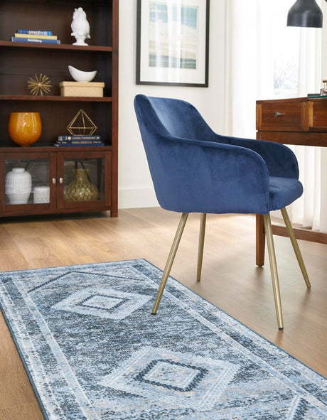 Washable Navy Blue 2' x 4' 1 Kamala Washable Runner Area Rug Easy to Clean Stain Resistant & Durable 100% Polyester Spill-Friendly Carpet for Sale at Rug Engine