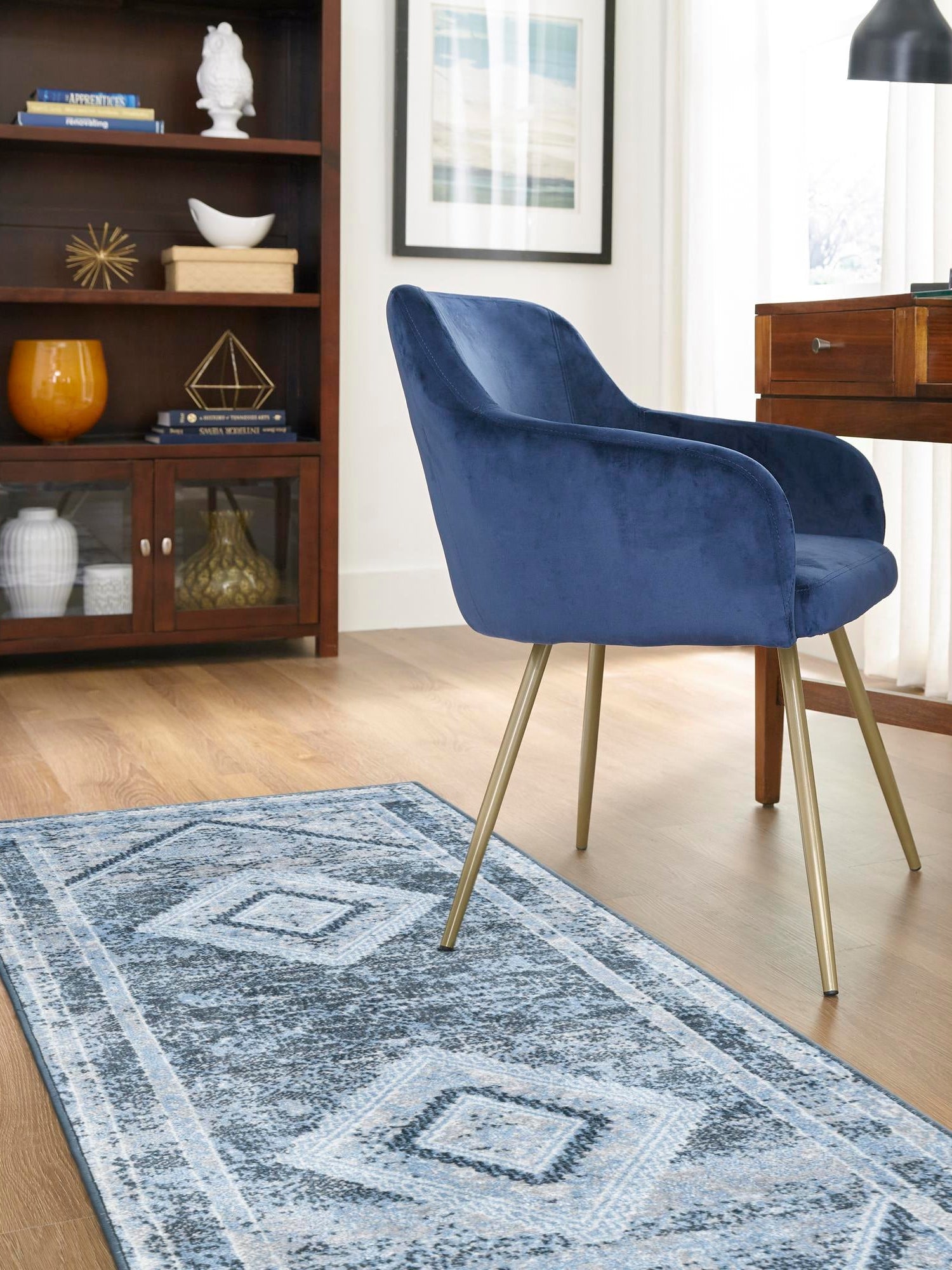 Washable Navy Blue 2' x 8' Kamala Washable Runner Area Rug Easy to Clean Stain Resistant & Durable 100% Polyester Spill-Friendly Carpet for Sale at Rug Engine