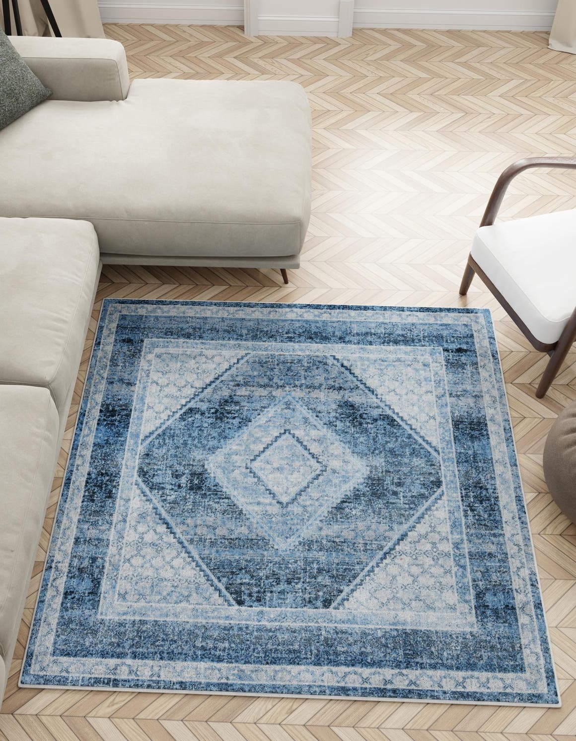 Washable Navy Blue 7' 10 x 7' 10 Kamala Washable Square Area Rug Easy to Clean Stain Resistant & Durable 100% Polyester Spill-Friendly Carpet for Sale at Rug Engine