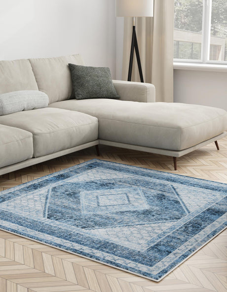 Washable Navy Blue 7' 10 x 7' 10 Kamala Washable Square Area Rug Easy to Clean Stain Resistant & Durable 100% Polyester Spill-Friendly Carpet for Sale at Rug Engine