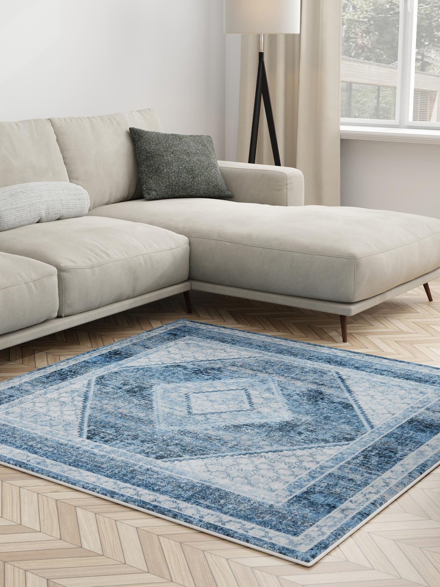 Washable Navy Blue 5' 3 x 5' 3 Kamala Washable Square Area Rug Easy to Clean Stain Resistant & Durable 100% Polyester Spill-Friendly Carpet for Sale at Rug Engine