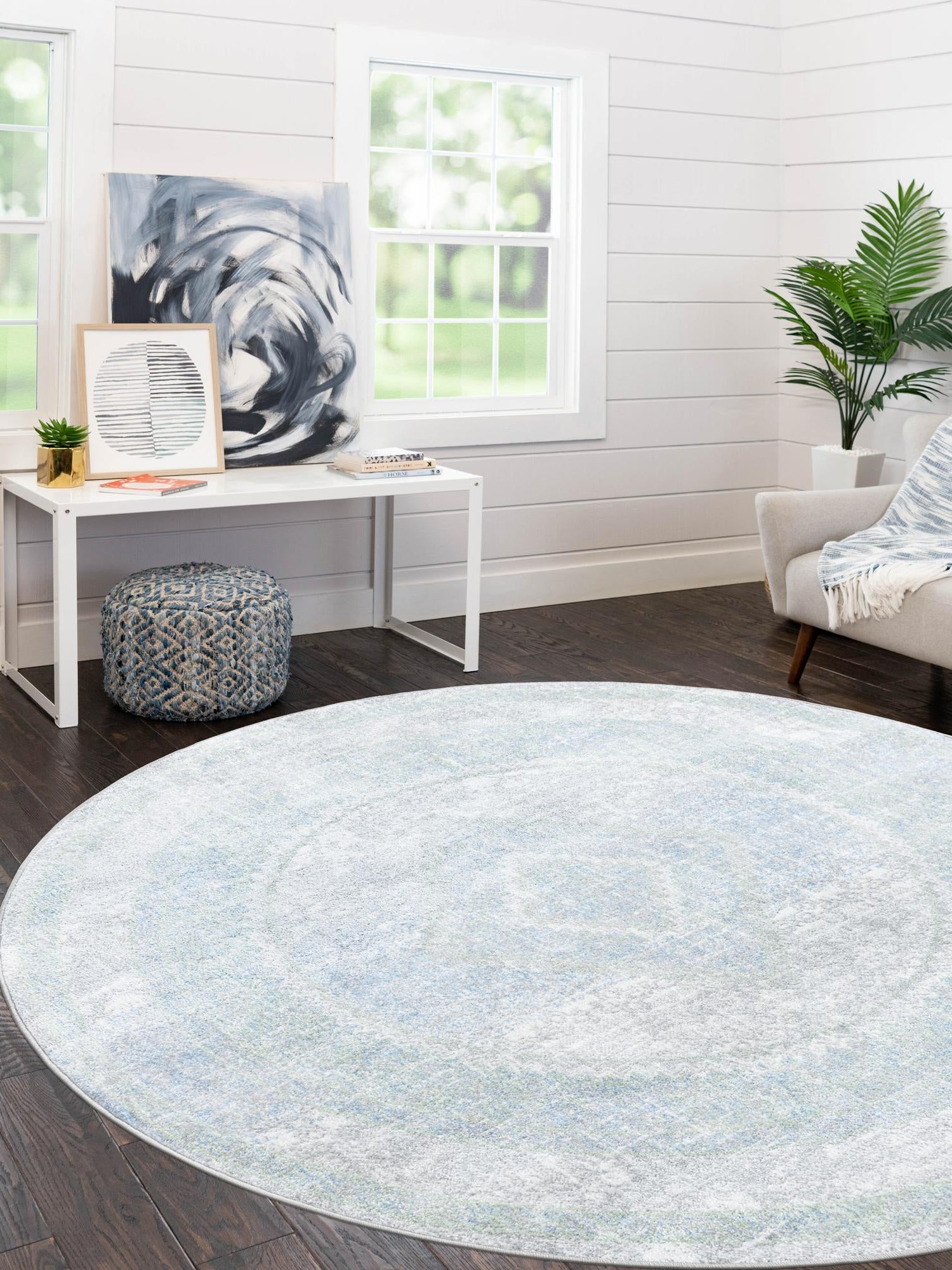 Washable Gray Green 5' 3 x 5' 3 Kamala Washable Round Area Rug Easy to Clean Stain Resistant & Durable 100% Polyester Spill-Friendly Carpet for Sale at Rug Engine