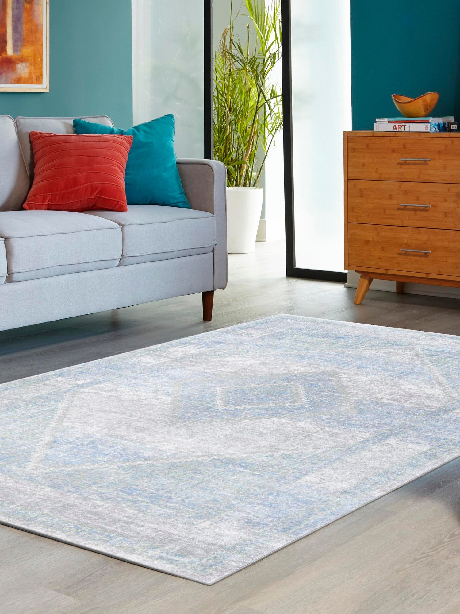 Washable Gray Green 6' 1 x 9' Kamala Washable Rectangle Area Rug Easy to Clean Stain Resistant & Durable 100% Polyester Spill-Friendly Carpet for Sale at Rug Engine