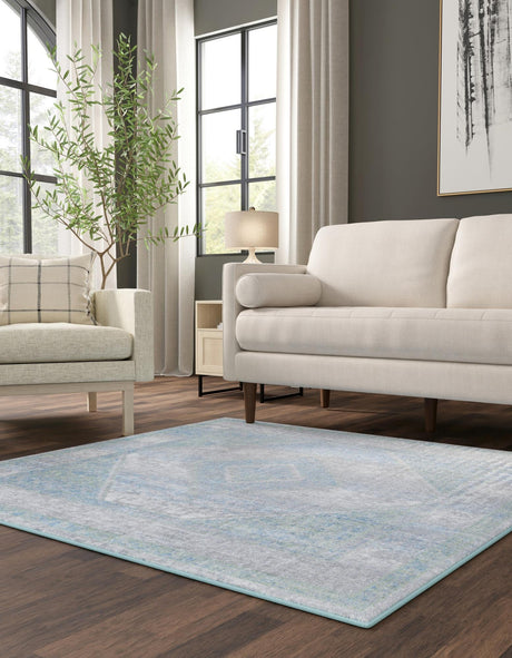 Washable Gray Green 5' 3 x 5' 3 Kamala Washable Square Area Rug Easy to Clean Stain Resistant & Durable 100% Polyester Spill-Friendly Carpet for Sale at Rug Engine