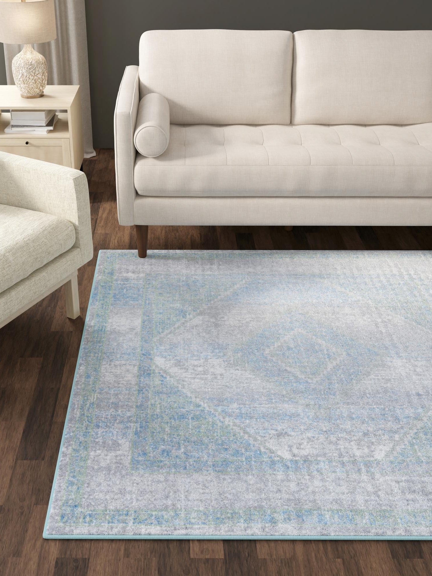 Washable Gray Green 5' 3 x 5' 3 Kamala Washable Square Area Rug Easy to Clean Stain Resistant & Durable 100% Polyester Spill-Friendly Carpet for Sale at Rug Engine