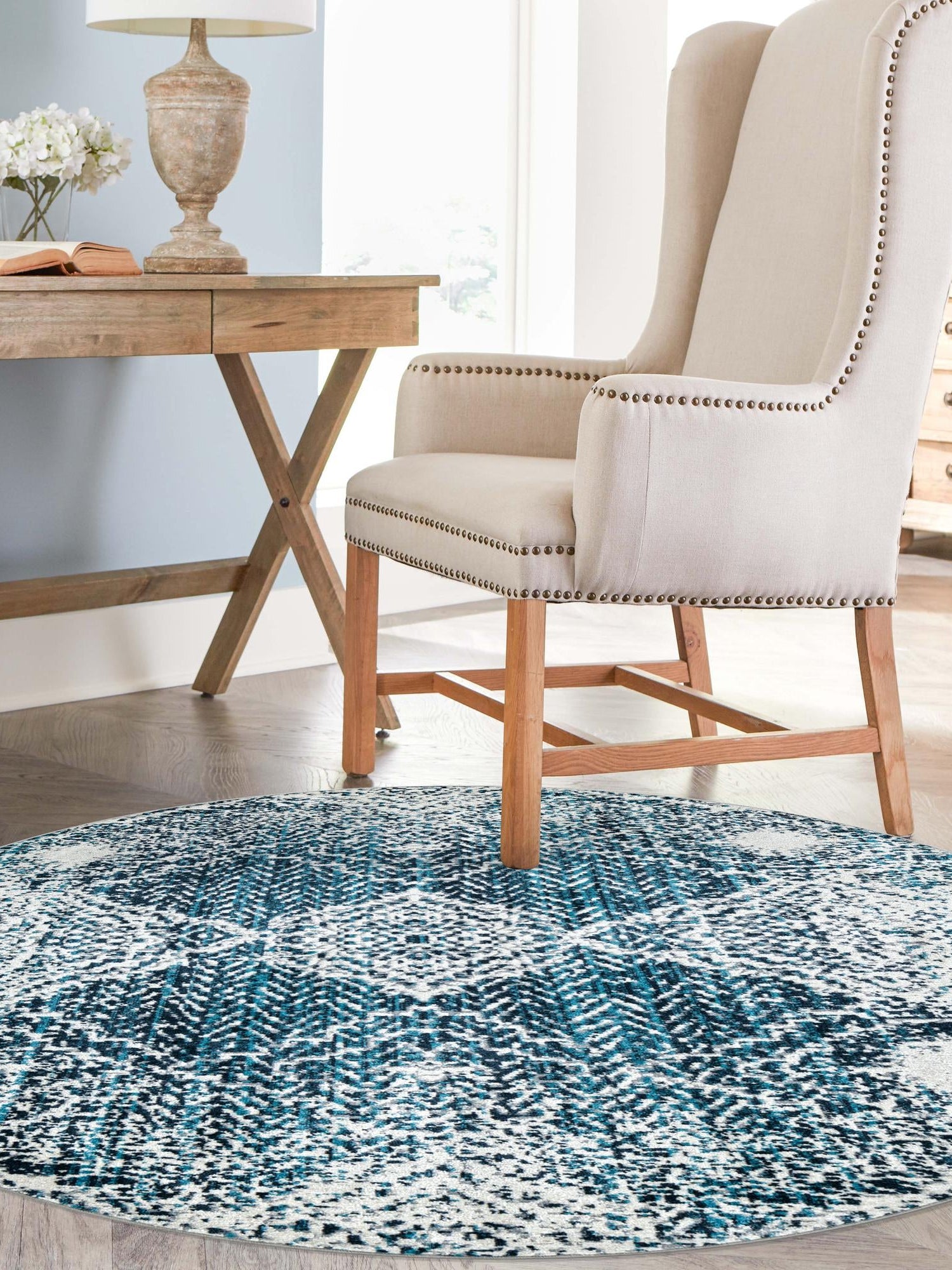 Washable Navy Blue 3' 3 x 3' 3 Kamala Washable Round Area Rug Easy to Clean Stain Resistant & Durable 100% Polyester Spill-Friendly Carpet for Sale at Rug Engine