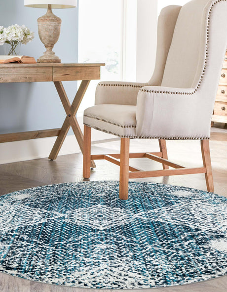 Washable Navy Blue 7' 10 x 7' 10 Kamala Washable Round Area Rug Easy to Clean Stain Resistant & Durable 100% Polyester Spill-Friendly Carpet for Sale at Rug Engine