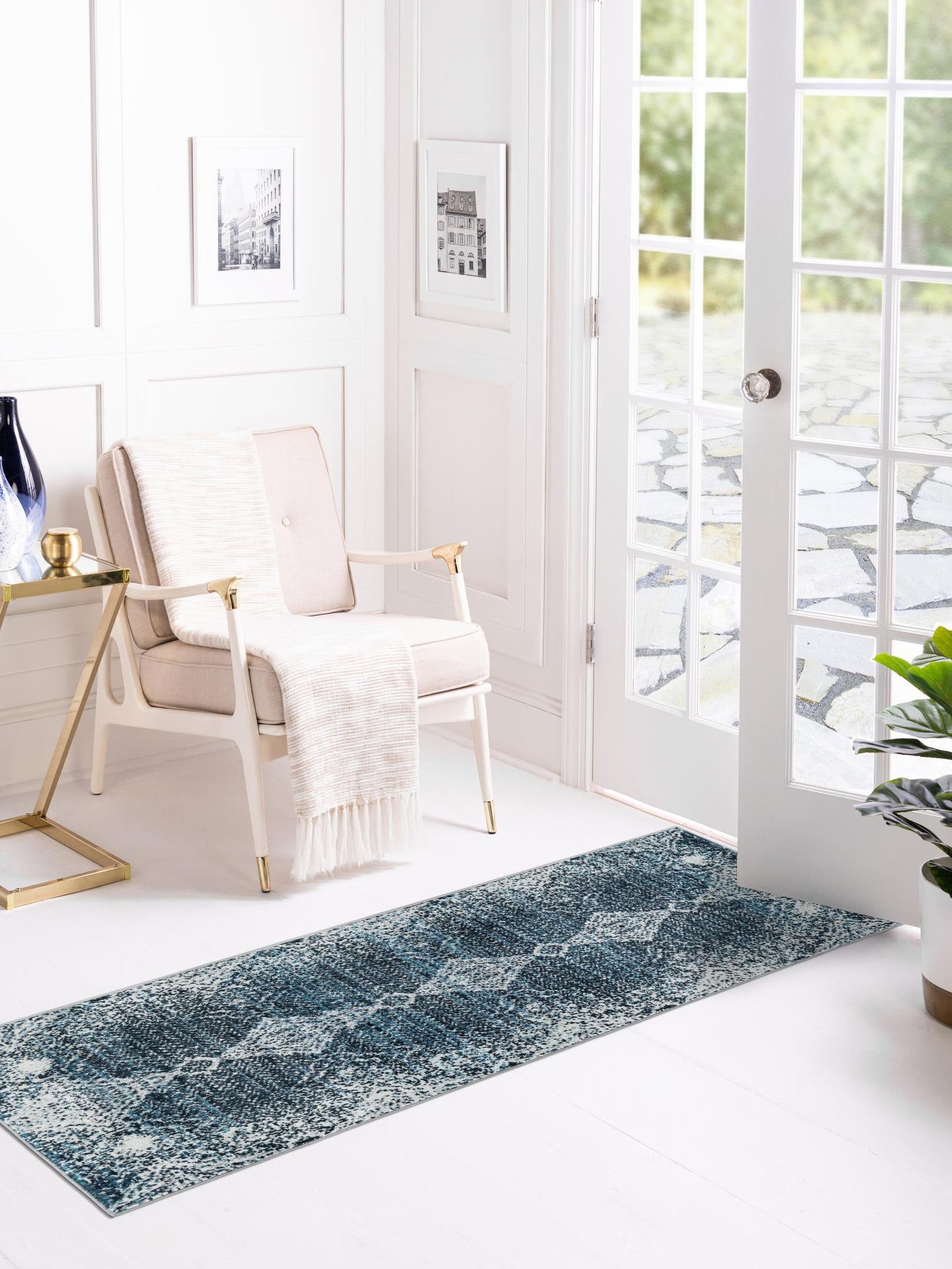 Washable Navy Blue 2' x 8' Kamala Washable Runner Area Rug Easy to Clean Stain Resistant & Durable 100% Polyester Spill-Friendly Carpet for Sale at Rug Engine