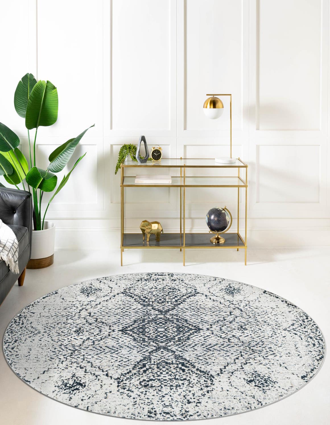 Washable Black and White 5' 3 x 5' 3 Kamala Washable Round Area Rug Easy to Clean Stain Resistant & Durable 100% Polyester Spill-Friendly Carpet for Sale at Rug Engine