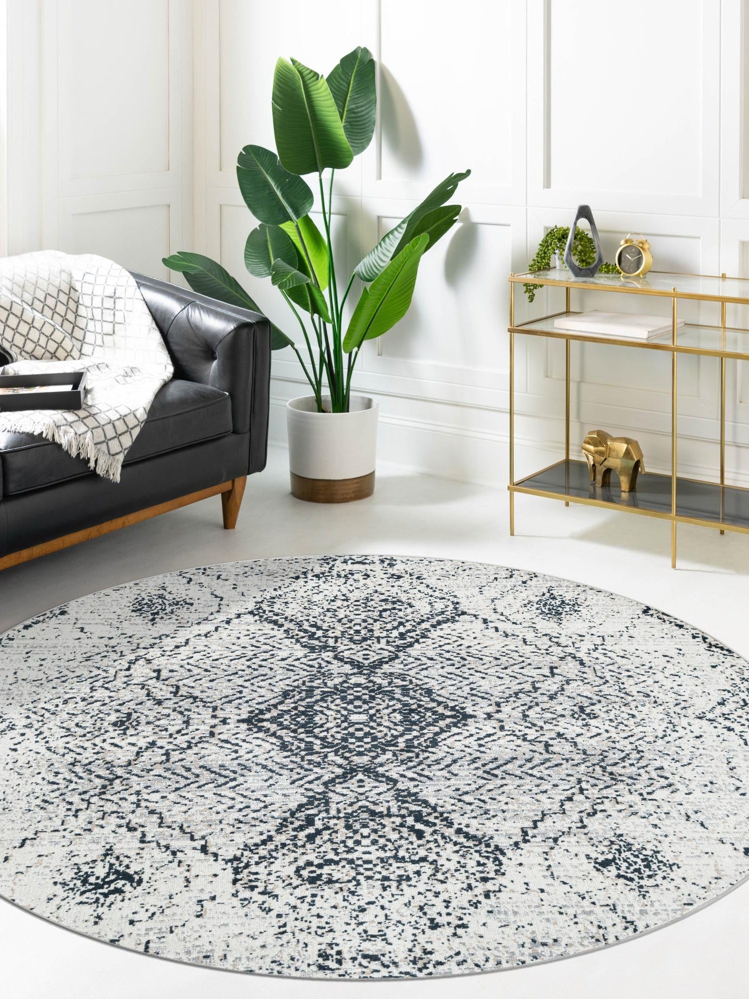Washable Black and White 3' 3 x 3' 3 Kamala Washable Round Area Rug Easy to Clean Stain Resistant & Durable 100% Polyester Spill-Friendly Carpet for Sale at Rug Engine