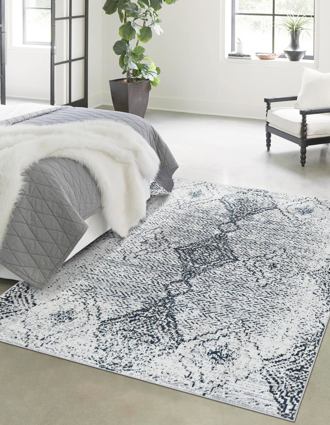 Washable Black and White 7' 10 x 10' Kamala Washable Rectangle Area Rug Easy to Clean Stain Resistant & Durable 100% Polyester Spill-Friendly Carpet for Sale at Rug Engine