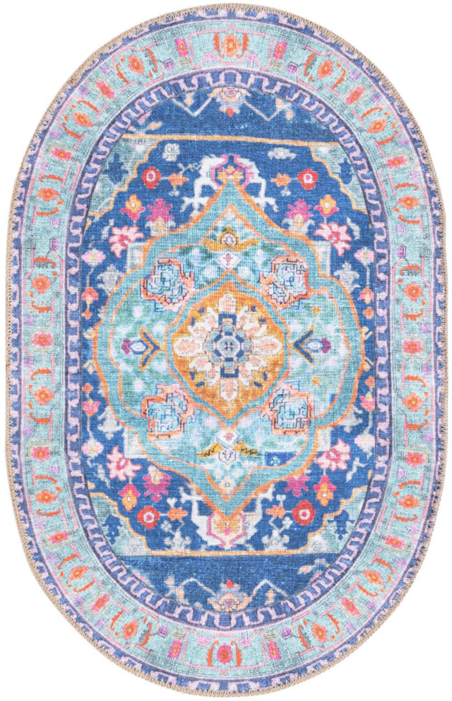 Washable Blue 2' x 3' 1 Timeless Oval Area Rug Easy to Clean Stain Resistant & Durable Traditional Classic Vintage Design Carpet for Sale at Rug Engine