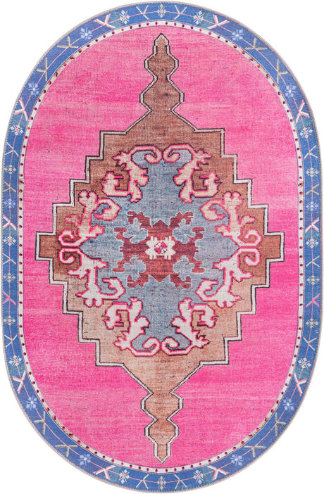 Washable Fuchsia 2' x 3' 1 Timeless Oval Area Rug Easy to Clean Stain Resistant & Durable Traditional Classic Vintage Design Carpet for Sale at Rug Engine