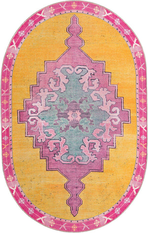 Washable Yellow 2' x 3' 1 Timeless Oval Area Rug Easy to Clean Stain Resistant & Durable Traditional Classic Vintage Design Carpet for Sale at Rug Engine