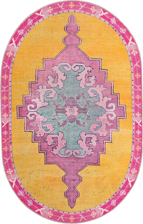 Washable Yellow 2' x 3' 1 Timeless Oval Area Rug Easy to Clean Stain Resistant & Durable Traditional Classic Vintage Design Carpet for Sale at Rug Engine