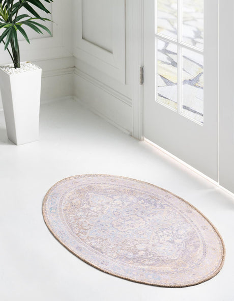 Washable Cream 2' x 3' 1 Timeless Oval Area Rug Easy to Clean Stain Resistant & Durable Traditional Classic Vintage Design Carpet for Sale at Rug Engine