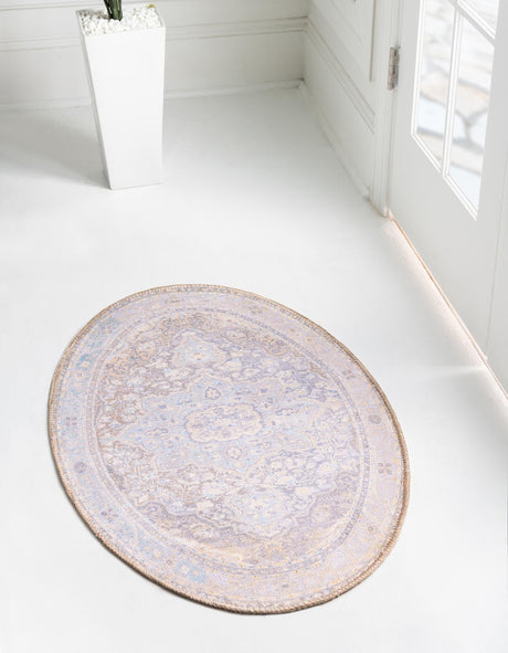 Washable Cream 2' x 3' 1 Timeless Oval Area Rug Easy to Clean Stain Resistant & Durable Traditional Classic Vintage Design Carpet for Sale at Rug Engine