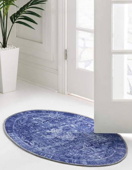Washable Navy Blue 2' x 3' 1 Timeless Oval Area Rug Easy to Clean Stain Resistant & Durable Traditional Classic Vintage Design Carpet for Sale at Rug Engine