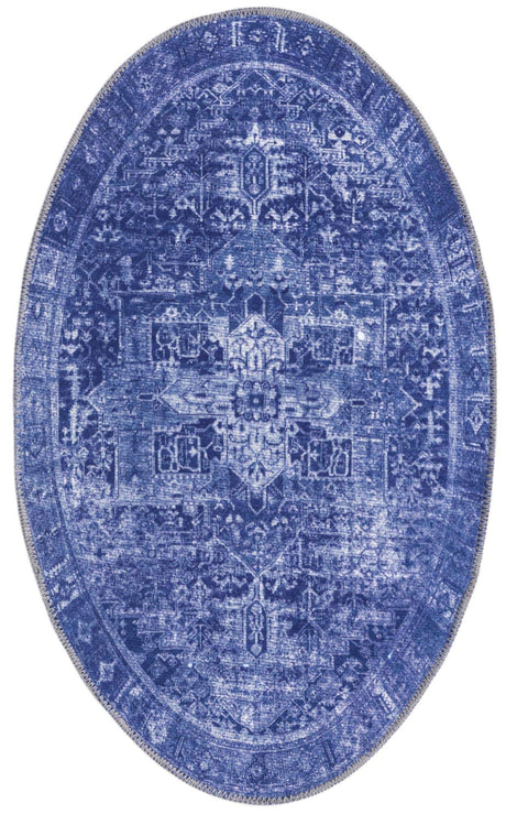 Washable Navy Blue 2' x 3' 1 Timeless Oval Area Rug Easy to Clean Stain Resistant & Durable Traditional Classic Vintage Design Carpet for Sale at Rug Engine