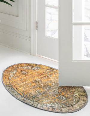 Washable Yellow 2' x 3' 1 Timeless Oval Area Rug Easy to Clean Stain Resistant & Durable Traditional Classic Vintage Design Carpet for Sale at Rug Engine