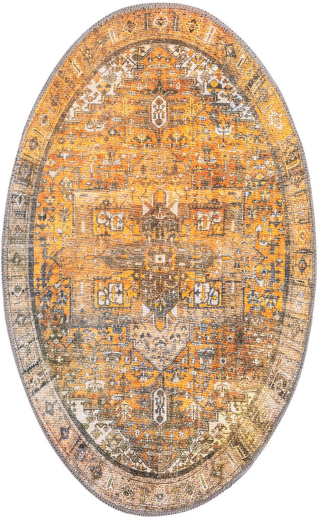 Washable Yellow 2' x 3' 1 Timeless Oval Area Rug Easy to Clean Stain Resistant & Durable Traditional Classic Vintage Design Carpet for Sale at Rug Engine