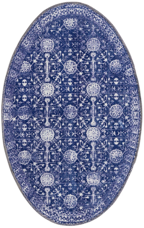Washable Navy Blue 2' x 3' 1 Timeless Oval Area Rug Easy to Clean Stain Resistant & Durable Traditional Classic Vintage Design Carpet for Sale at Rug Engine