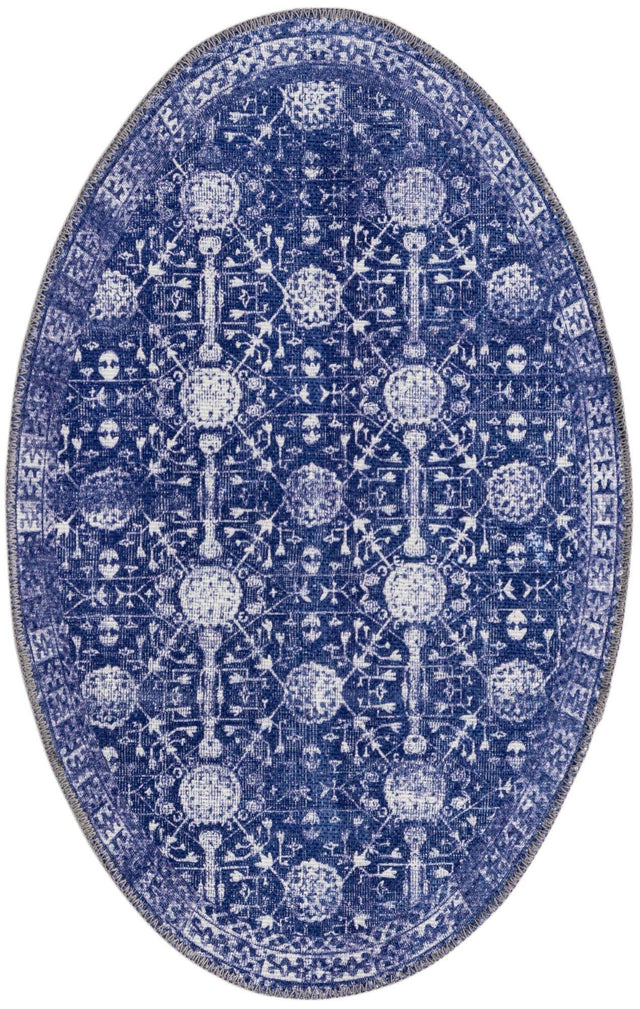 Washable Navy Blue 2' x 3' 1 Timeless Oval Area Rug Easy to Clean Stain Resistant & Durable Traditional Classic Vintage Design Carpet for Sale at Rug Engine