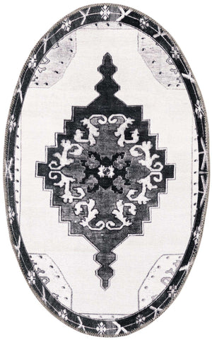 Washable Black and White 2' x 3' 1 Timeless Oval Area Rug Easy to Clean Stain Resistant & Durable Traditional Classic Vintage Design Carpet for Sale at Rug Engine