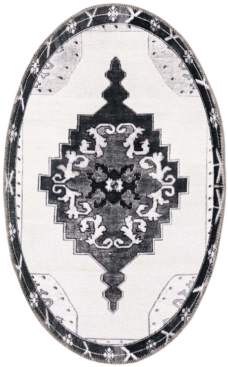 Washable Black and White 2' x 3' 1 Timeless Oval Area Rug Easy to Clean Stain Resistant & Durable Traditional Classic Vintage Design Carpet for Sale at Rug Engine