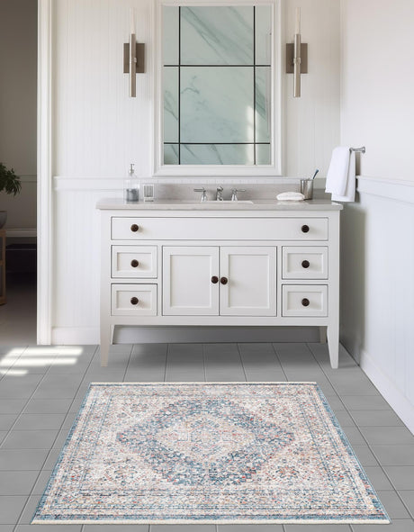 Blue 3' 11 x 3' 11 Noble Square Area Rug 100% Polyester Traditional Distressed Classic Contemporary Carpet for Home Decor for Sale at Rug Engine