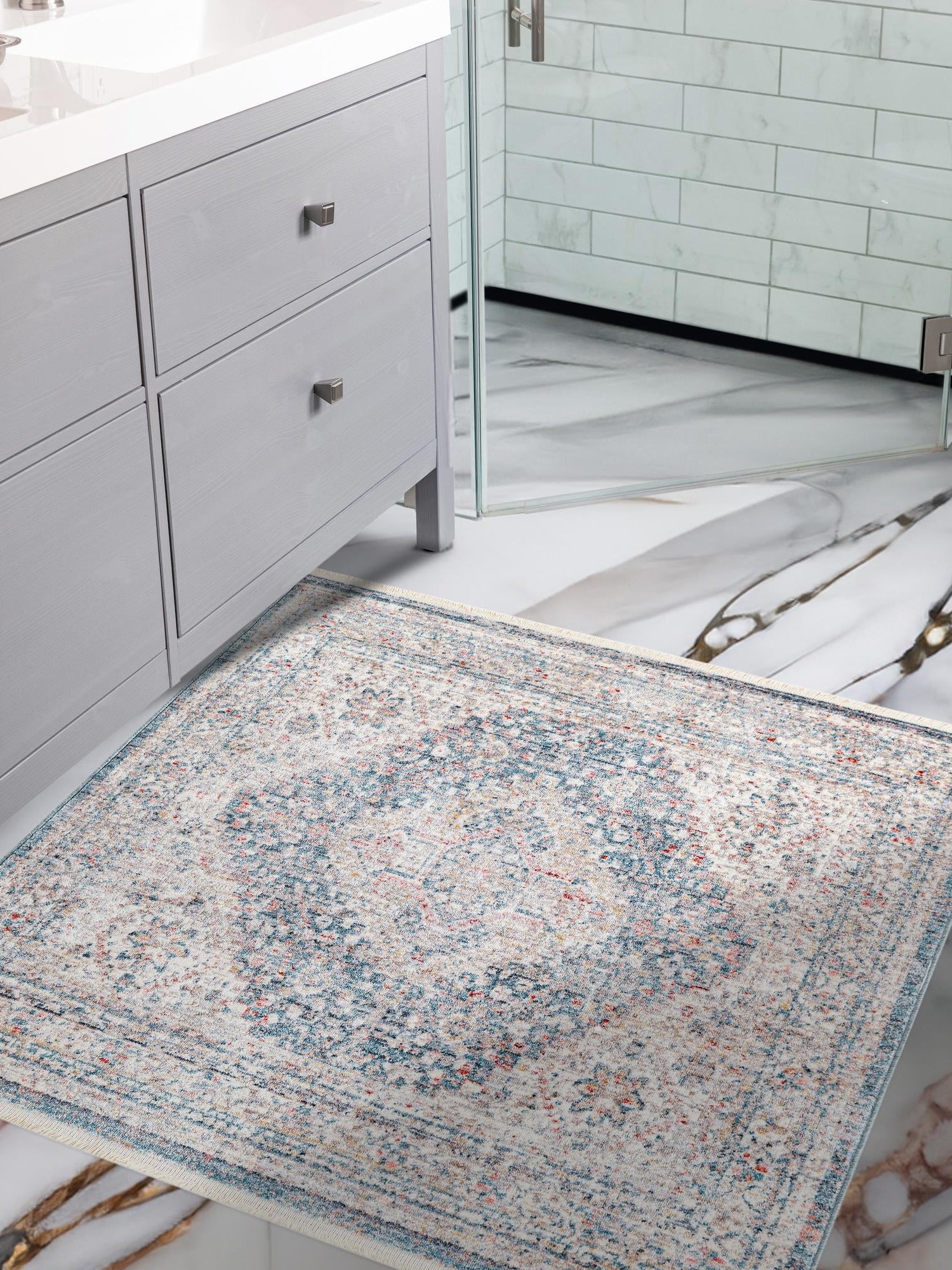 Blue 3' 11 x 3' 11 Noble Square Area Rug 100% Polyester Traditional Distressed Classic Contemporary Carpet for Home Decor for Sale at Rug Engine