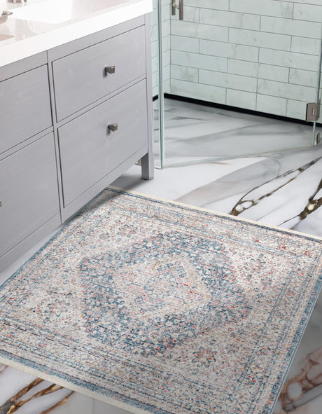 Blue 3' 11 x 3' 11 Noble Square Area Rug 100% Polyester Traditional Distressed Classic Contemporary Carpet for Home Decor for Sale at Rug Engine