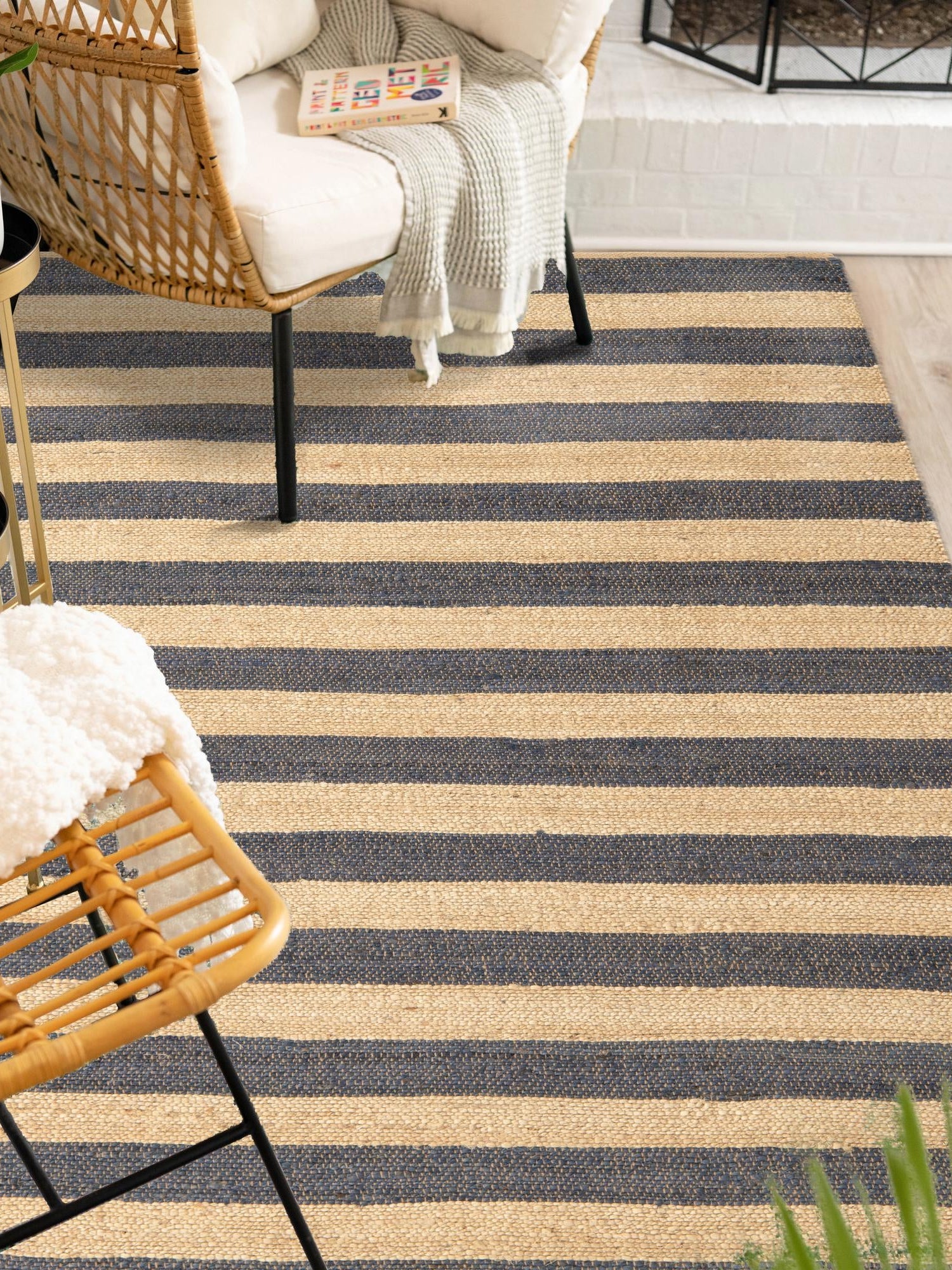 Navy Ivory 4' 1 x 6' 1 Braided Jute Rectangle Area Rug 100% Jute Hand Braided Natural Eco-Friendly Boho Style Carpet for Living Rooms Dining Office Space Dorms for Sale at Rug Engine