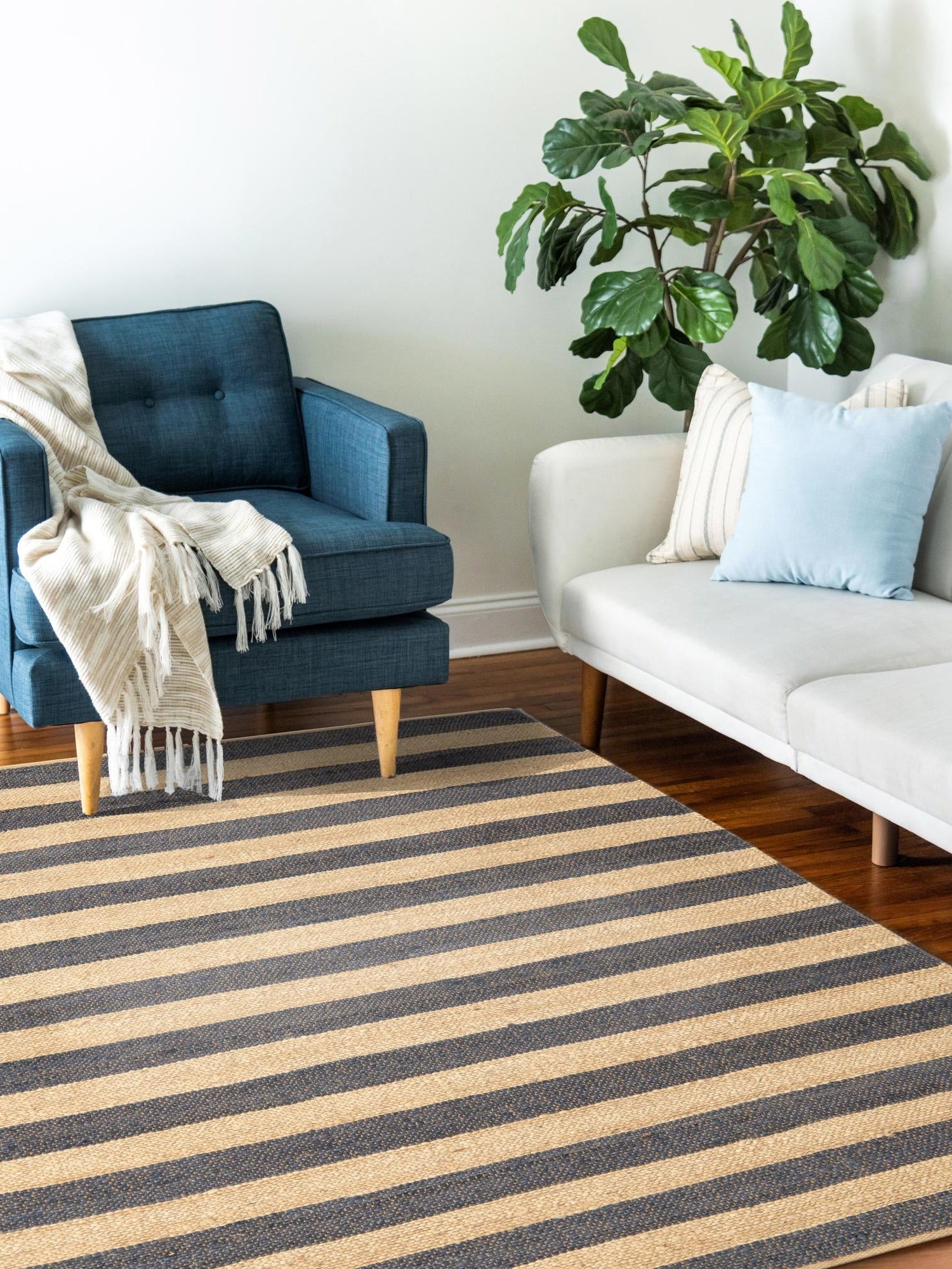 Navy Ivory 4' 1 x 6' 1 Braided Jute Rectangle Area Rug 100% Jute Hand Braided Natural Eco-Friendly Boho Style Carpet for Living Rooms Dining Office Space Dorms for Sale at Rug Engine