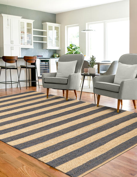 Navy Ivory 6' 1 x 9' Braided Jute Rectangle Area Rug 100% Jute Hand Braided Natural Eco-Friendly Boho Style Carpet for Living Rooms Dining Office Space Dorms for Sale at Rug Engine
