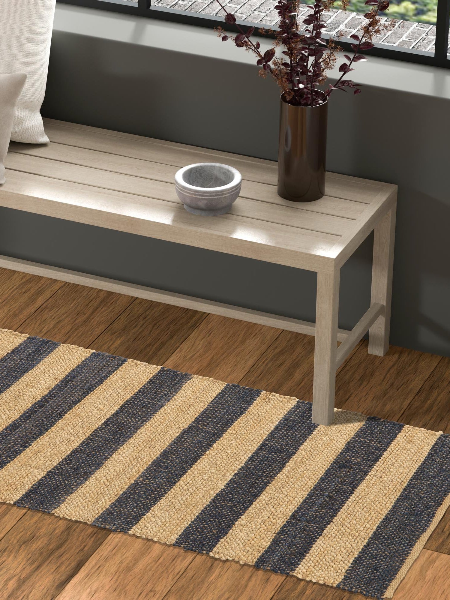 Navy Ivory 2' 2 x 8' Braided Jute Runner Area Rug 100% Jute Hand Braided Natural Eco-Friendly Boho Style Carpet for Living Rooms Dining Office Space Dorms for Sale at Rug Engine