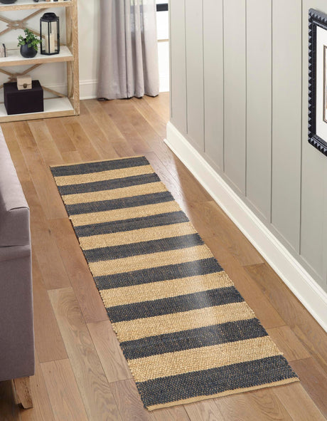 Navy Ivory 2' 2 x 8' Braided Jute Runner Area Rug 100% Jute Hand Braided Natural Eco-Friendly Boho Style Carpet for Living Rooms Dining Office Space Dorms for Sale at Rug Engine