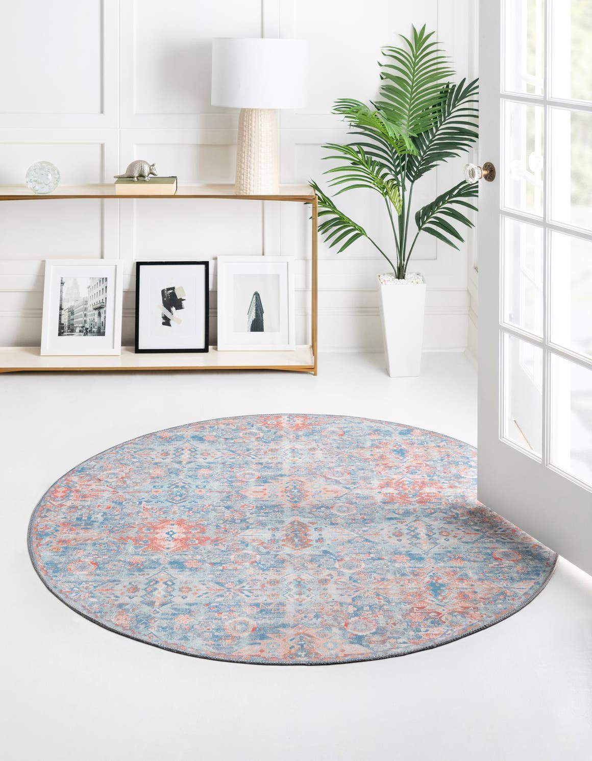 Washable Blue 3' 6 x 3' 6 Timeless Round Area Rug Easy to Clean Stain Resistant & Durable Traditional Classic Vintage Design Carpet for Sale at Rug Engine