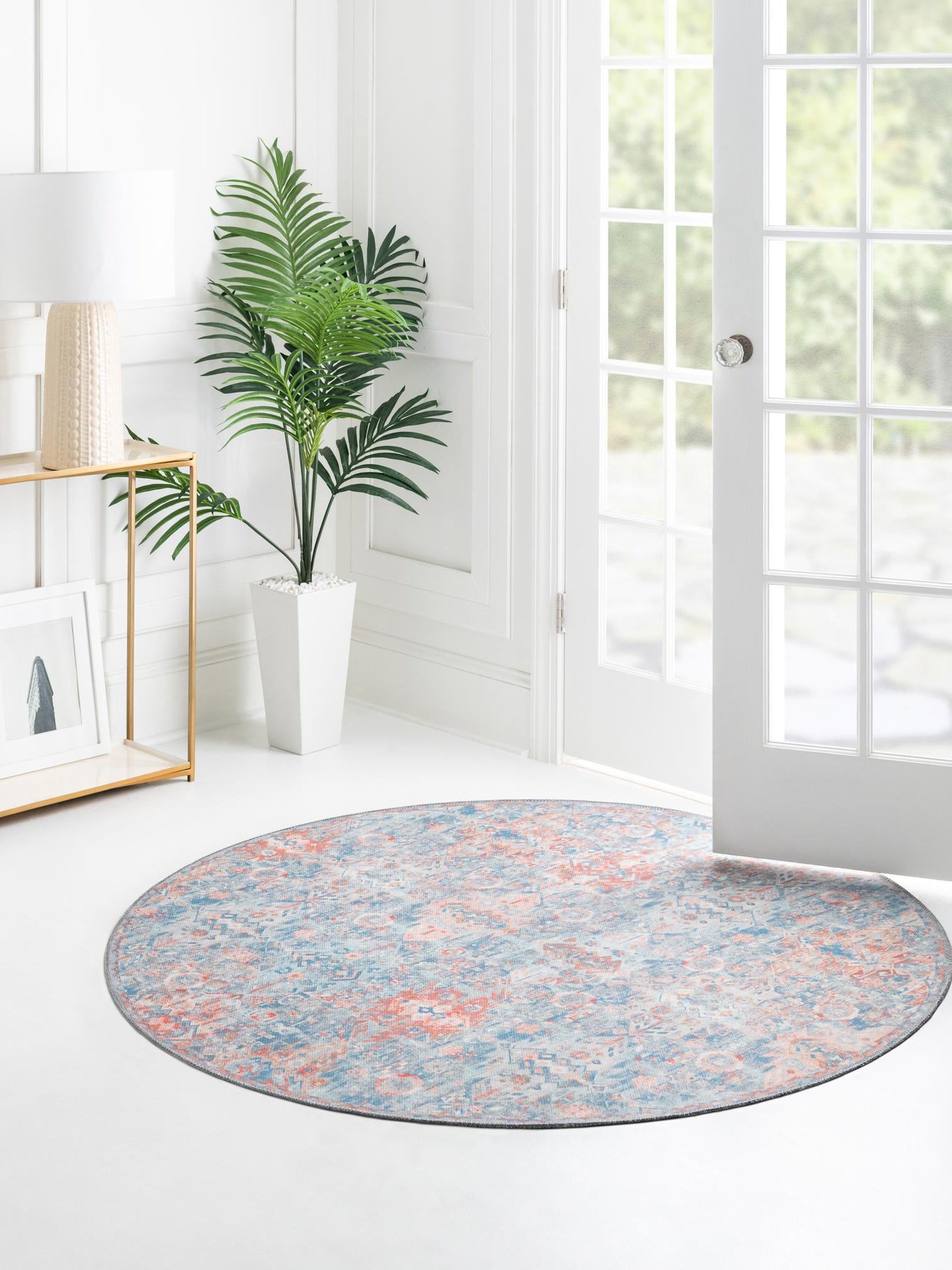 Washable Blue 7' 7 x 7' 7 Timeless Round Area Rug Easy to Clean Stain Resistant & Durable Traditional Classic Vintage Design Carpet for Sale at Rug Engine