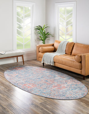 Washable Blue 7' 7 x 10' 6 Timeless Oval Area Rug Easy to Clean Stain Resistant & Durable Traditional Classic Vintage Design Carpet for Sale at Rug Engine
