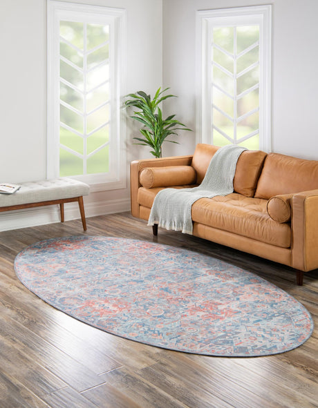Washable Blue 7' 7 x 10' 6 Timeless Oval Area Rug Easy to Clean Stain Resistant & Durable Traditional Classic Vintage Design Carpet for Sale at Rug Engine