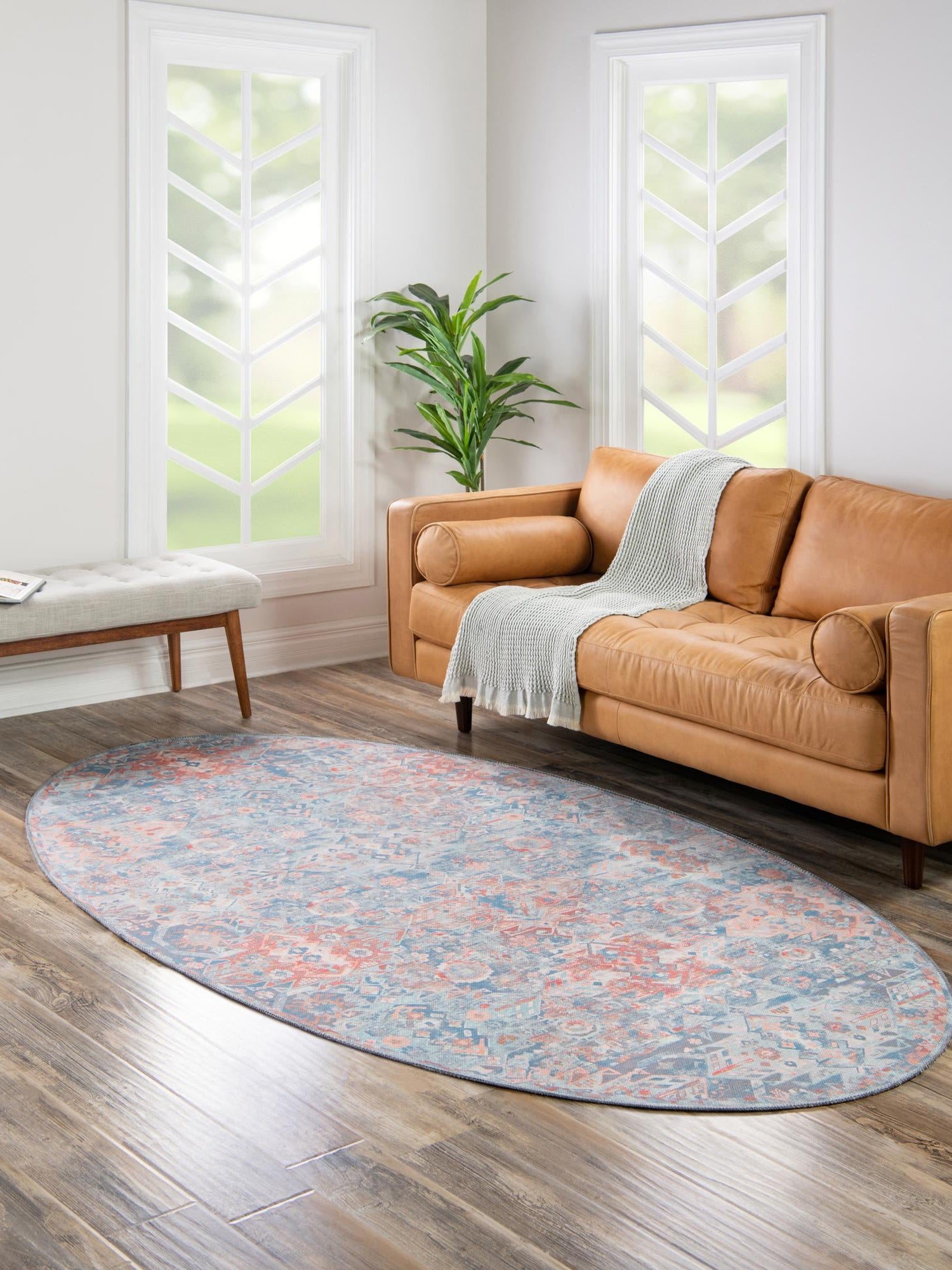Washable Blue 5' x 8' Timeless Oval Area Rug Easy to Clean Stain Resistant & Durable Traditional Classic Vintage Design Carpet for Sale at Rug Engine
