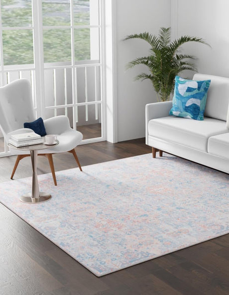 Washable Blue 7' 7 x 7' 7 Timeless Square Area Rug Easy to Clean Stain Resistant & Durable Traditional Classic Vintage Design Carpet for Sale at Rug Engine
